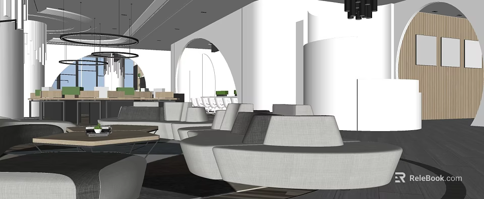 Modern Hotel Lobby Interior With Curved Archway Sofa Seating And Pendant Lights 3d model 