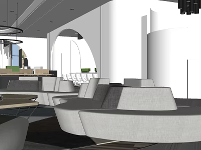 Modern Hotel Lobby Interior With Curved Archway Sofa Seating And Pendant Lights 3d model