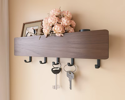 Wall Mounted Wooden Shelf With Hooks Holding Keys And Pink Flowers Photo Frame 3d model
