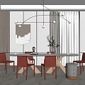 Modern Elegant Dining Table Set With Red Chairs White Table Pendant Lights Window Curtains 3d model