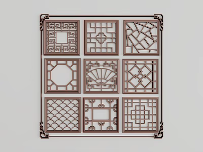 Traditional Carved Lattice Windows With Various Geometric Patterns And Classic Designs 3d model