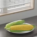 Fresh Corn Vegetable on White Plate on Gray Kitchen Counter Near Window with Blinds