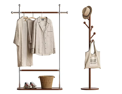 Modern Metal Clothes Rack With Shirts Basket Shoes And Wooden Coat Rack Holding Hat Bag 3d model