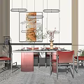 Modern Dining Table Set With Red Chairs Pendant Lights And Wall Art 3d model