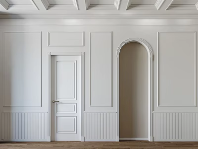 White Hinged Door In Room With Wainscoting Wooden Ceiling Beams And Arched Doorway 3d model