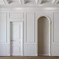 White Hinged Door In Room With Wainscoting Wooden Ceiling Beams And Arched Doorway