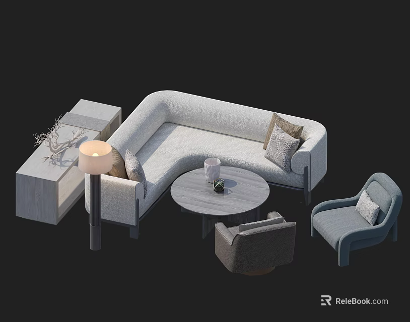 Modern L Shaped Sofa Set with Coffee Table Armchairs and Side Table Lamp 3d model