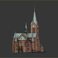 Red Brick Church Architecture With Green Roof Spires Clock Tower And Arch Windows