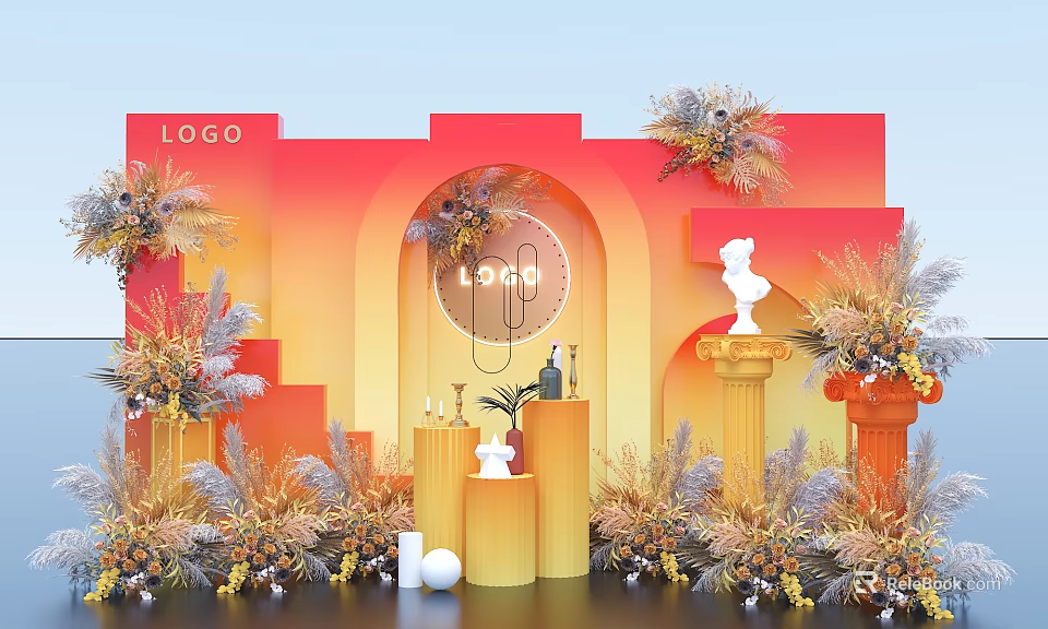 Red Orange Backdrop With Arched Structure Floral Decor White Statue Columns Steps LOGO 3d model 