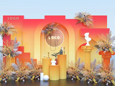 Red Orange Backdrop With Arched Structure Floral Decor White Statue Columns Steps LOGO 3d model