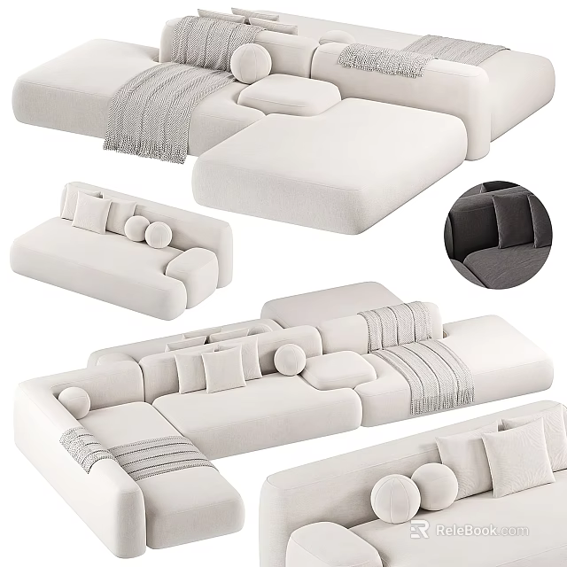 White Sectional Sofa With Modern Modular Design Plush Cushions And Soft Throw Blanket 3d model 