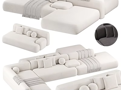 White Sectional Sofa With Modern Modular Design Plush Cushions And Soft Throw Blanket 3d model