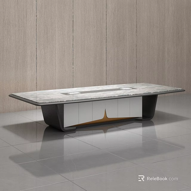 Modern Dining Table With Textured Marble Top Black Legs And Light Wood Panel Wall 3d model