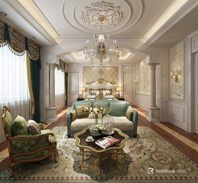 Elegant Hotel Guest Room With Chandelier Sofa Decorative Walls And Luxury Carpets 3d model 