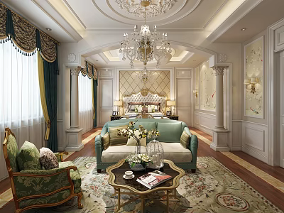 Elegant Hotel Guest Room With Chandelier Sofa Decorative Walls And Luxury Carpets 3d model