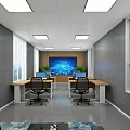 Public Office Space with Wooden Desks Computers Green Plant Sofa Ceiling Lights and Windows