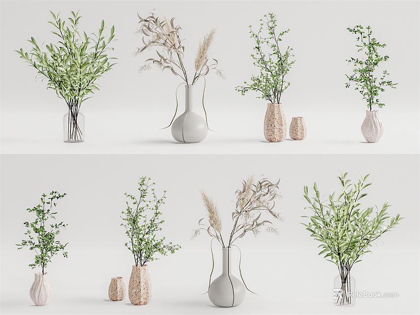 Modern Ceramic Glass And Woven Vases With Green Plants And Dried Flowers 3d model 