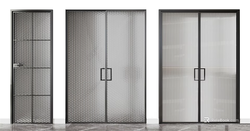 Modern Sliding Doors with Black Frame Textured Grid and Striped Panel for Interior Space Divider 3d model 