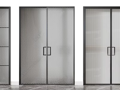 Modern Sliding Doors with Black Frame Textured Grid and Striped Panel for Interior Space Divider 3d model