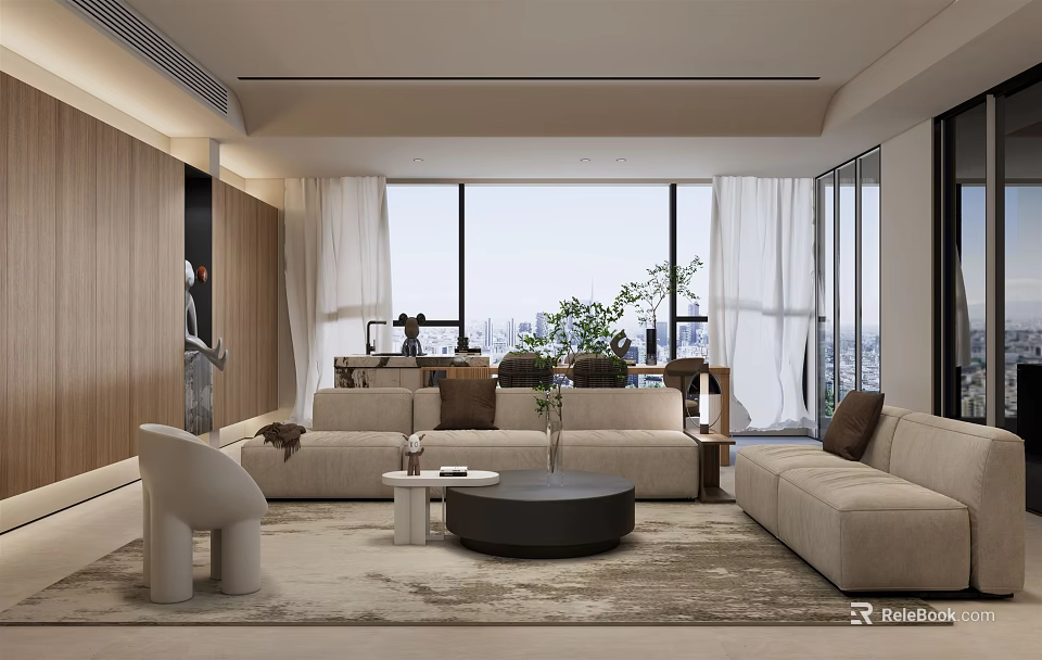 Modern Living and Dining Room Interior With Neutral Sofa Coffee Table City View and Floor to Ceiling Windows 3d model 