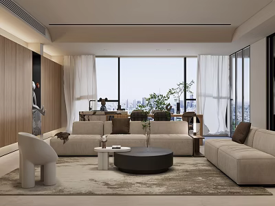 Modern Living and Dining Room Interior With Neutral Sofa Coffee Table City View and Floor to Ceiling Windows 3d model
