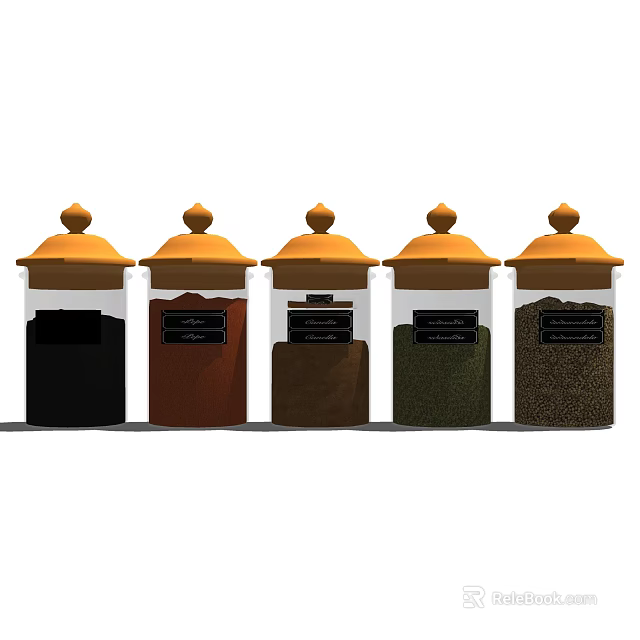 Clear Glass Spice Jars with Orange Lids Containing Various Spices in Row 3d model 