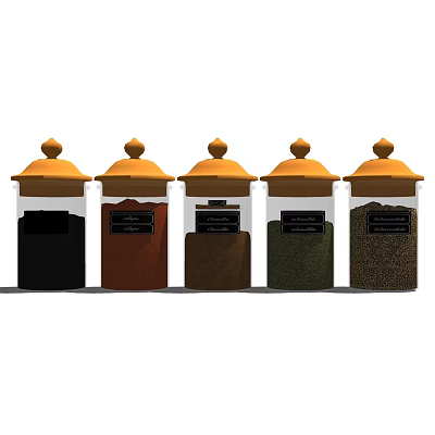 Clear Glass Spice Jars with Orange Lids Containing Various Spices in Row 3d model
