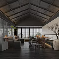 Modern Café Interior With Wooden Ceiling Large Windows Green Plants and Sofa Seating