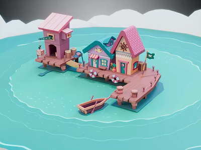 Cartoon Scene With Pink Roofed Houses Wooden Dock And Small Boat On Water 3d model