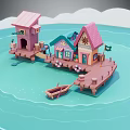 Cartoon Scene With Pink Roofed Houses Wooden Dock And Small Boat On Water