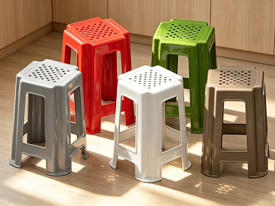 Plastic Stools With Perforated Design In Multiple Colors For Indoor Home Use On Wooden Floor 3d model