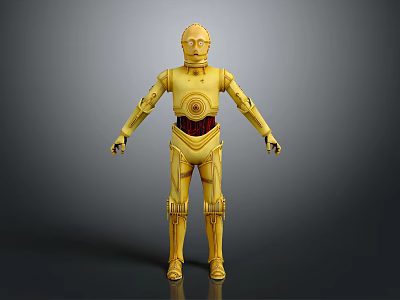 Detailed Yellow Metallic Humanoid Robot Character Standing In Full Body View 3d model