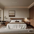Modern Bedroom Interior With Wooden Wardrobe Bed Striped Rug And Decorative Painting