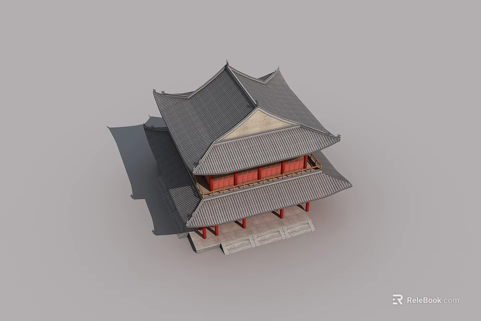 Traditional Chinese Pavilion With Red Swing Doors Grey Tiled Roof And Eaves 3d model 
