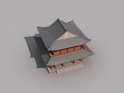 Traditional Chinese Pavilion With Red Swing Doors Grey Tiled Roof And Eaves 3d model