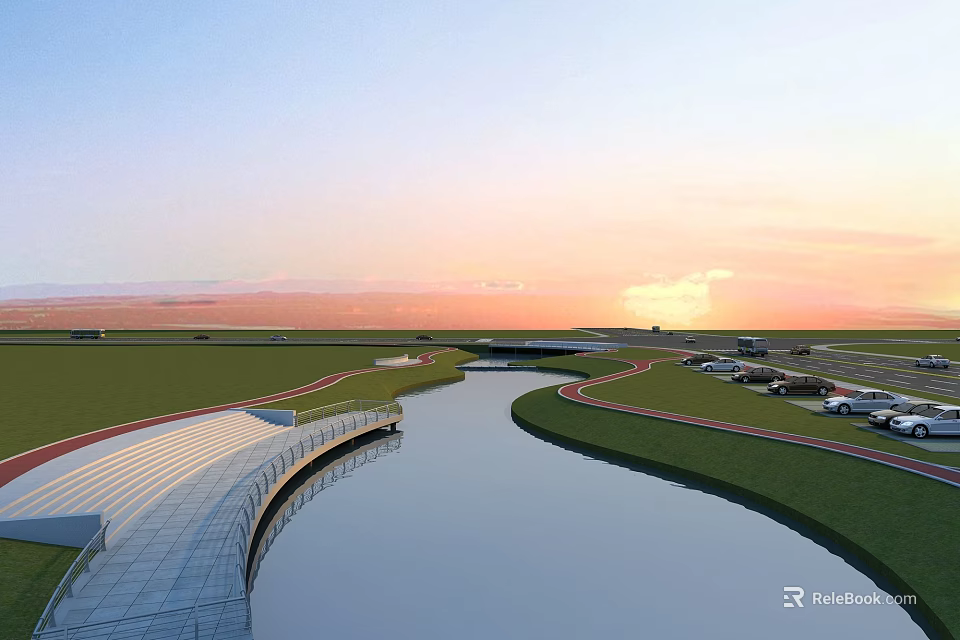 Scenic Park Landscape at Sunset with Curved River Green Lawns Bridge and Parked Cars 3d model 