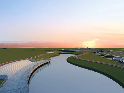 Scenic Park Landscape at Sunset with Curved River Green Lawns Bridge and Parked Cars 3d model