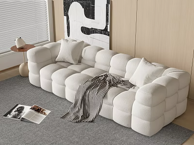 White Sectional Sofa with Plush Cube Design Cushions Striped Throw Blanket and Abstract Wall Art 3d model