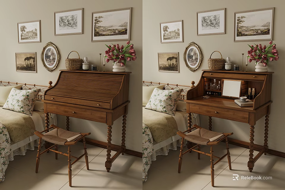 Antique Wooden Vanity With Wicker Basket Vase Pink Flowers Framed Pictures And Matching Stool 3d model 