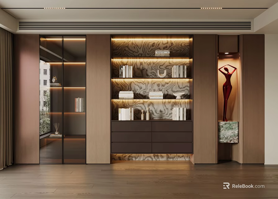 Elegant Modern Wooden Bookcase With Glass Doors Built in Lighting And Decorative Sculptures 3d model 