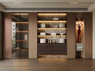 Elegant Modern Wooden Bookcase With Glass Doors Built in Lighting And Decorative Sculptures 3d model
