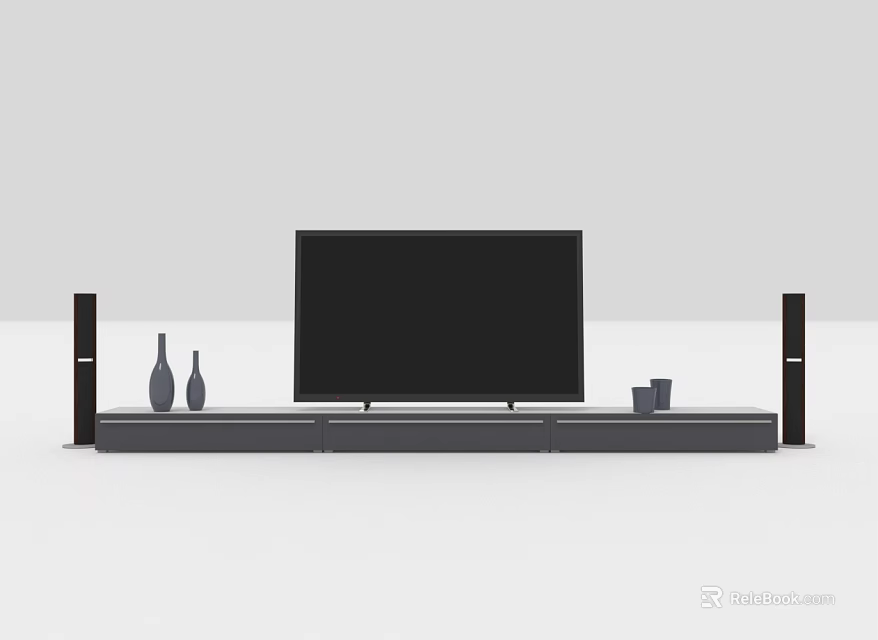 Sleek Modern TV Stand With Flat Screen TV Black Speakers Decorative Vases And Small Cup 3d model 