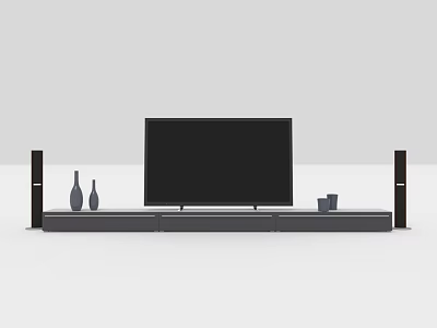 Sleek Modern TV Stand With Flat Screen TV Black Speakers Decorative Vases And Small Cup 3d model