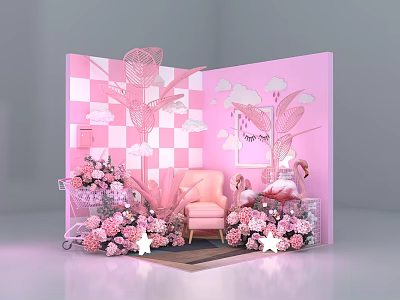 Pink Themed Decorative Setup With Checkerboard Wall Flamingo Chair Flowers And Clouds 3d model