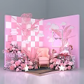 Pink Themed Decorative Setup With Checkerboard Wall Flamingo Chair Flowers And Clouds