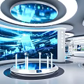 Modern Technology Exhibition Hall With Curved White Design Circular Ceiling Lights And Interactive Digital Displays