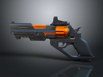 Futuristic Sci Fi Weapon Pistol With Black Frame Orange Core Blue Accents And Tactical Scope 3d model