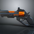 Futuristic Sci Fi Weapon Pistol With Black Frame Orange Core Blue Accents And Tactical Scope