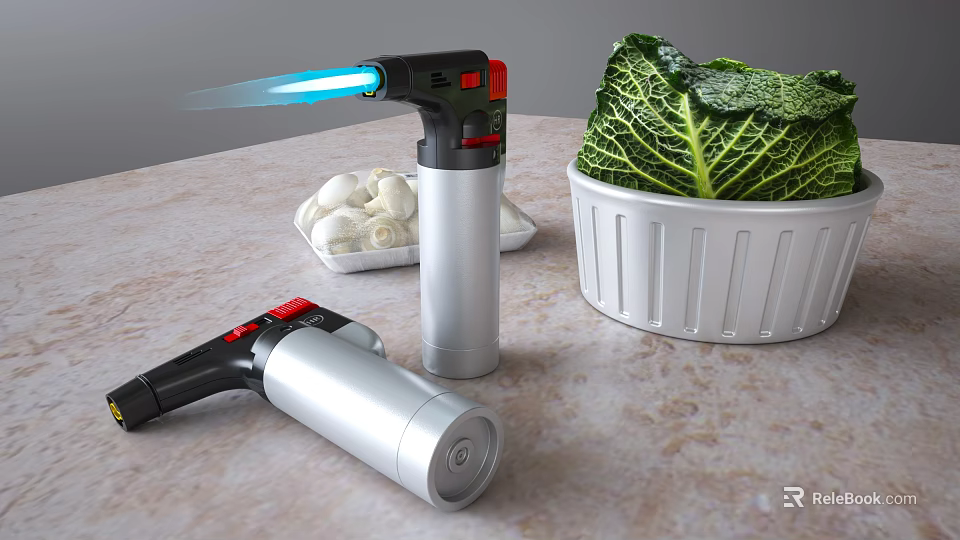 Professional Kitchen Torch with Garlic and Cabbage on Kitchen Countertop 3d model 