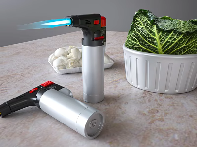 Professional Kitchen Torch with Garlic and Cabbage on Kitchen Countertop 3d model